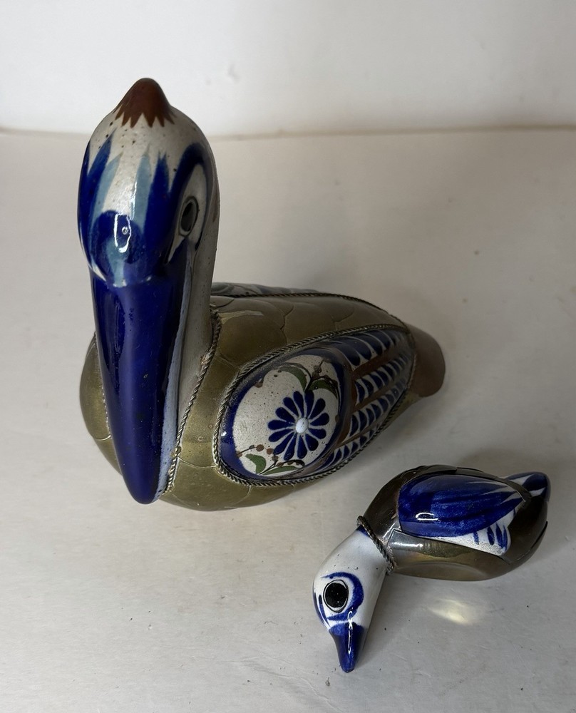 Vintage Tonala Ceramic and Brass Pelican Figurine w/ Small Shelf Bird Bundle
