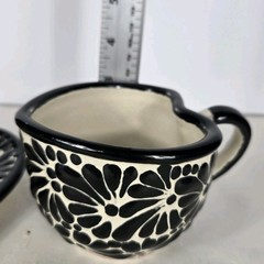 Talavera Pottery Coffee Set Mexican Art Black And Cream 3 X 4 Inches