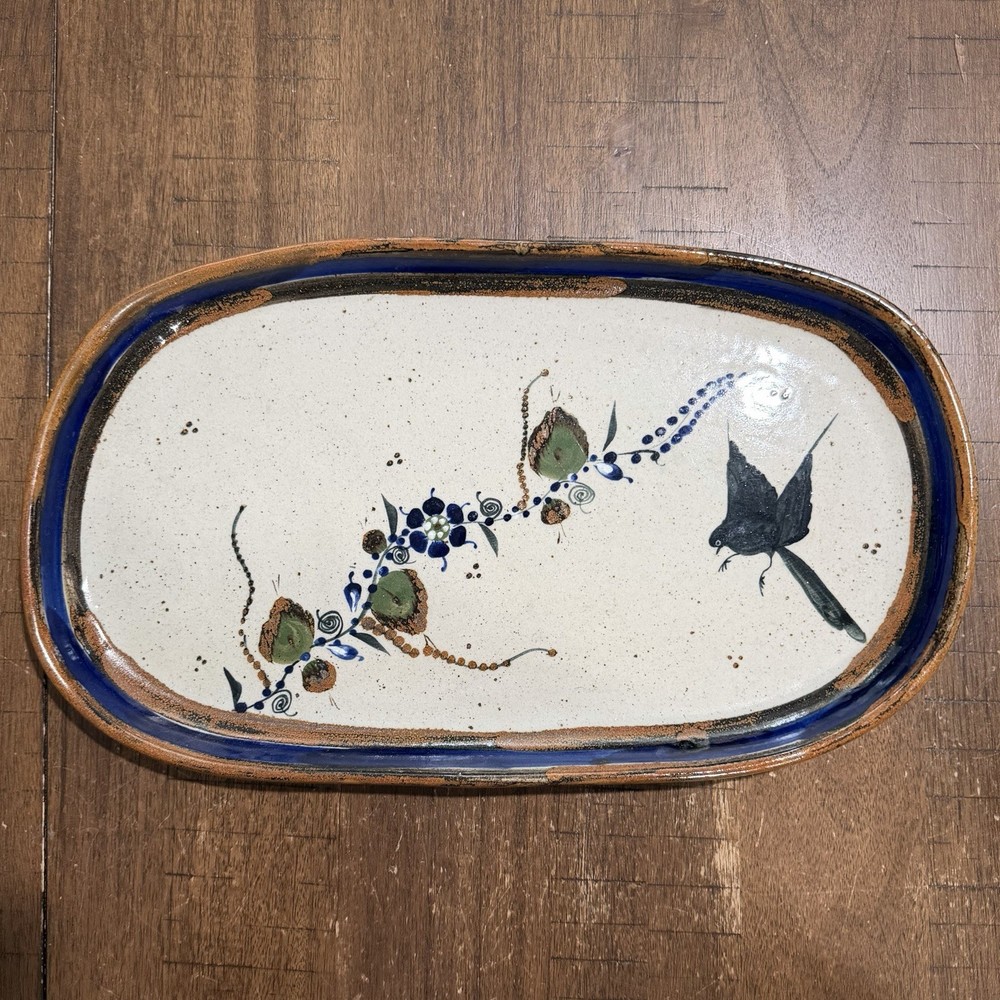 Vtg Tonala Mexican Pottery Platter Large Oval Hand Painted Bird Floral Blue Rim