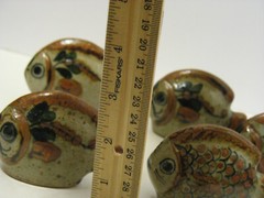 5 Vintage Fish Figurines Folk Art Pottery Hand Painted Gray Green MM