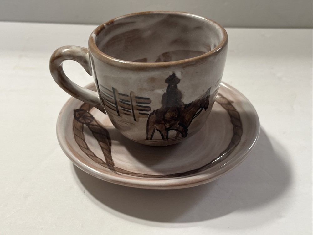 Western Cowboy Vaquero Handmade Painted Tea Cup, Saucer Hecho en Mexico Terrajal