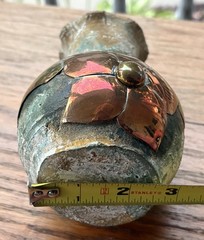 Vintage Mexican Folk Art Pottery Terracotta Flower Vase Copper Brass Floral ~6”