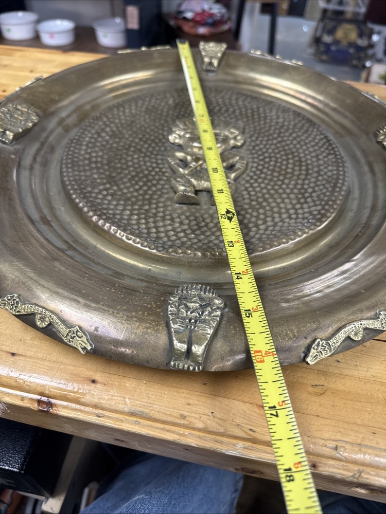 Vintage Brass Aztec Mayan Charger Tray Wall Brass Plate With 3D Figure 16″ Dia