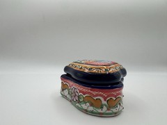 Talavera Pottery Heart Shaped Blue & White Flowers Trinket Box Hand painted