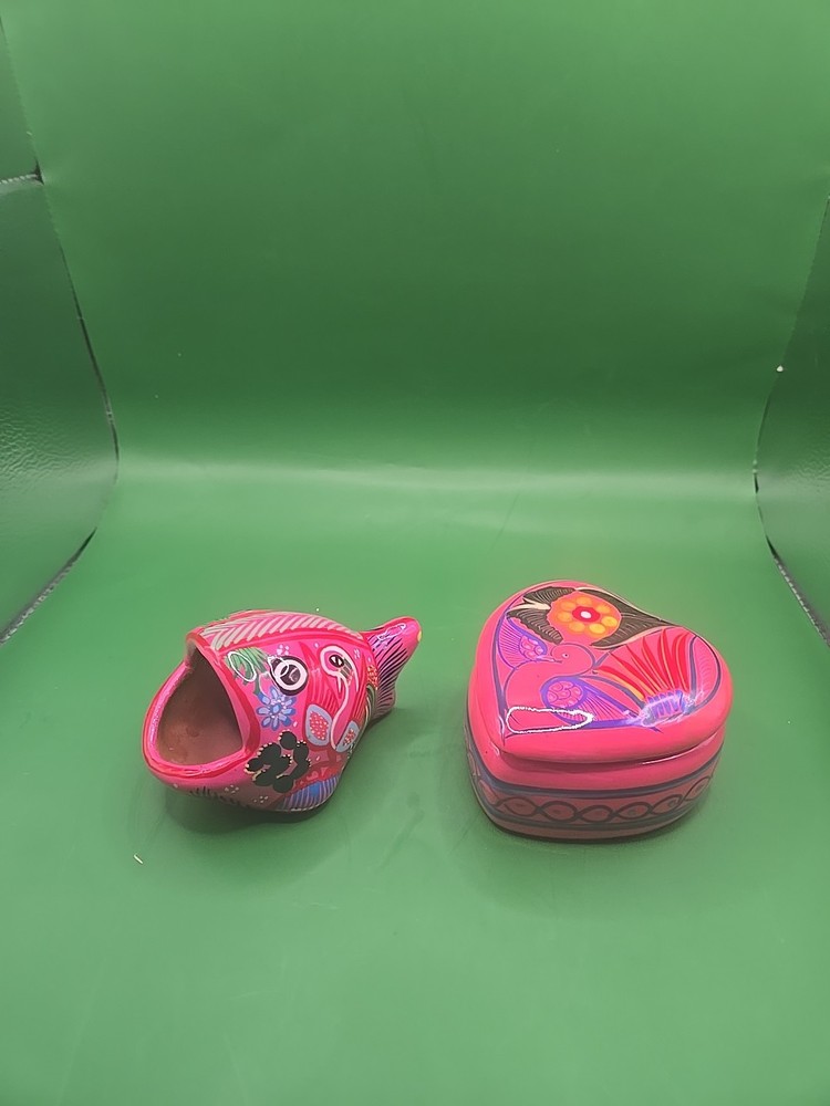 Talavera Pottery Folk Art Heart Trinket Box & Fish Pink Mexico Terracotta
