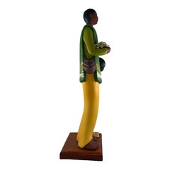 Vtg Mexican Folk Art Clay Statue Green Yellow Traditional Dress Peace Lily