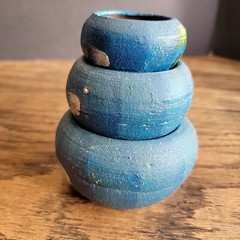 Mexico souvenir pottery hand painted blue set Of 3 tiny Collect Flower Pot Red C