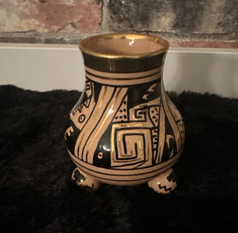 Vintage Brena Oaxaca Mexico 4 1/2 inch MCM Vase Deco Gold Tone Accents