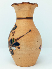 Tonala Mexico 8.25″ Vase sandstone Pottery hand painted enamel Quail & flowers