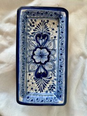 Handmade Mexican Talavera Rectangular Dish Blue & White Raised Relief Pottery