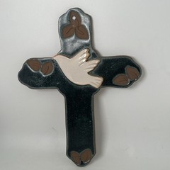 Handmade Pottery Textured Glazed Clay Mexican Religious Wall Cross Dove