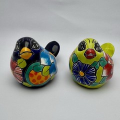 Talavera Ceramic Birds Pair Hand Painted Folk Art Mexico Vibrant Green & Blue