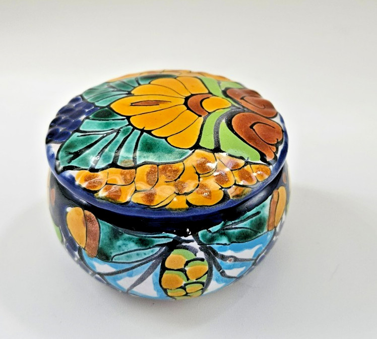 Talavera Mexican Pottery Hand Painted Round Trinket Box With Lid Terracotta 2.5″