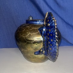 Sergio Bustamente Style Mexico Art Pottery Brass Scales Iguana Handle Vase