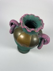 Vintage Mexican Art Pottery Vase Brass Mixed Metal 6″ Teal Purple READ