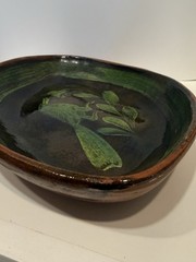 Mid Century Michoacan Patamban Pottery Charger Plate Green Brown Glaze 12.5″