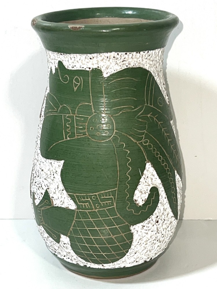 VTG Aztec Mayan Mexican Warrior Handcrafted Folk Art Pottery Clay Vase Green 7″