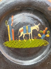 Vintage 1940 Mexican black Tlaquepaque pottery plate w/white donkey 9 5/8″