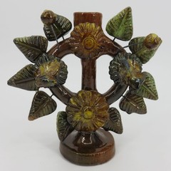 Tree Of Life Pottery Single Candleholder Candelabra Mexican Folk Art Flower Leaf