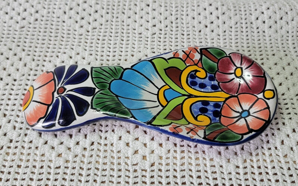 Talavera Spoon Rest Mexico Pottery Hand Painted Ceramic Lead-Free Floral Design