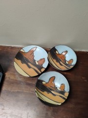 Vintage Table top Navajo hand painted 1 plate 2 bowls mountains hills sun