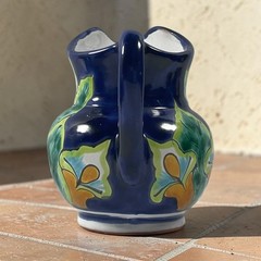 Contemporary Vtg Mexican Talavera Ceramic Pitcher Hand-Painted Dark Blue Floral