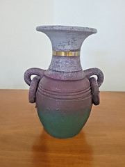 Vintage Mexican Terracotta Pottery Collectible Vase w/Brass Flower Purple – 8″