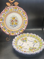 Vintage Set Of 2 Talavera Art Pottery Hand Painted Floral Wall Hanging Plates