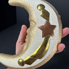 1/4-Moon Face Ceramic/Copper/Brass Mixed Media Celestial Wall Hanging Terracotta