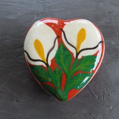 Mexican Pottery Trinket Box Heart Shape Flowers Calla Lily Hand Painted Folk Art