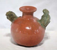 Unique Mexican red clay terracotta, folk art pot w/ frog handles