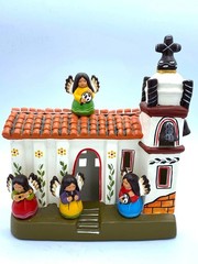 Mexican Handmade Pottery Mission With Music Angels and Church Bells/Tealight