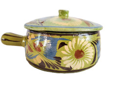 Vtg Mexican Talavera Handled Lidded Bowl Pottery Redware Floral Green