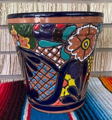 Lg MEXICAN TALAVERA Folk Art POTTERY FLOWER POT PLANTER CERAMIC #1