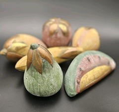 VTG 6 Piece Mexican Clay Copper & Brass Pottery Terracotta Fruit Hand Painted