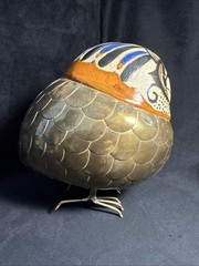 Vintage Brass Ceramic Owl Alexander Blazquez Mid Century MCM Signed Pair