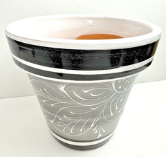 Hand Painted Black & White Talavera Pottery Flowerpot Planter Has Drainage Hole