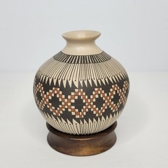 Mata Ortiz Round Geometric Pot with Wooden Display Base Signed Juan Mora