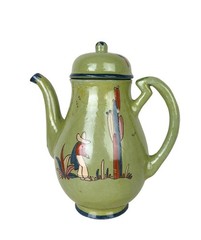 Vintage Tlaquepaque Pottery Green Pitcher with Lid Hand Painted Mexico 1940s 9″