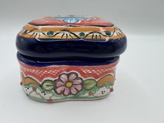 Talavera Pottery Heart Shaped Blue & White Flowers Trinket Box Hand painted