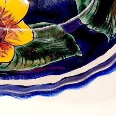 Set of 2 Mexican Pottery Signed Yellow Sunflower Bowls Cobalt Blue Oval & Round