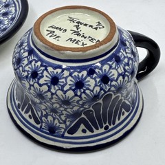 Talavera Tea Mug and Saucer Puebla Mexico Pottery Signed Floral Blue & White