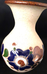 Vintage Pair Of Mexico Folk Art Pottery Tonala Floral Round Vases Signed C.O.