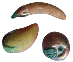70s VTG Mexico Burnished Clay Fruit Apple Mango Banana Terracotta Brass Inlay HP