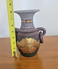 Vintage Mexican Terracotta Pottery Collectible Vase w/Brass Flower Purple – 8″