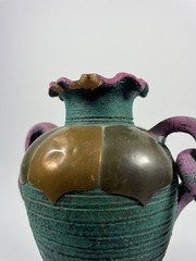 Vintage Mexican Art Pottery Vase Brass Mixed Metal 6″ Teal Purple READ