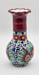 Talavera Small La Corona Pottery Vase Flowers Plum Green Blue Signed 5.5″ Tall