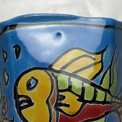 Mexican Folk Art Pottery Octagon Planter 3.75″ Ocean Fish Pattern Plant Pot