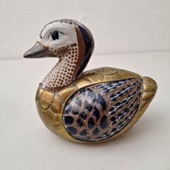 Vintage Mexican Tonala Pottery & Brass Duck Bird Handpaint Sculpture 7″ x 6″