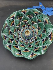 Hand Crafted Mexican Art Pottery Lamp Shade Blues Greens Talavera ? 9″ d x 4″